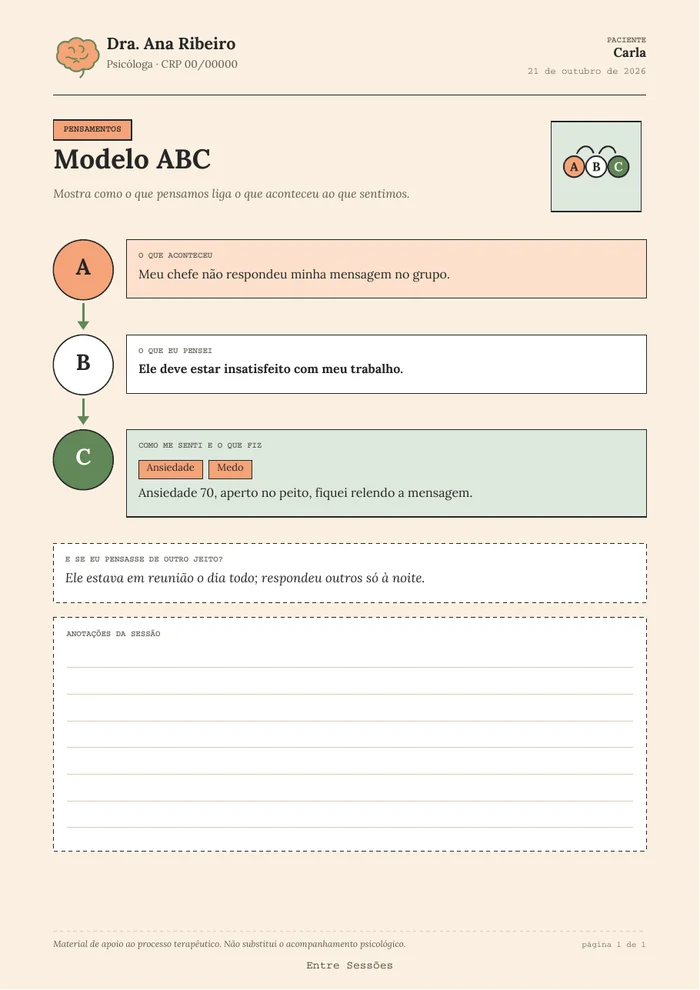 PDF do Modelo ABC preenchido, com o nome da psicóloga e do paciente