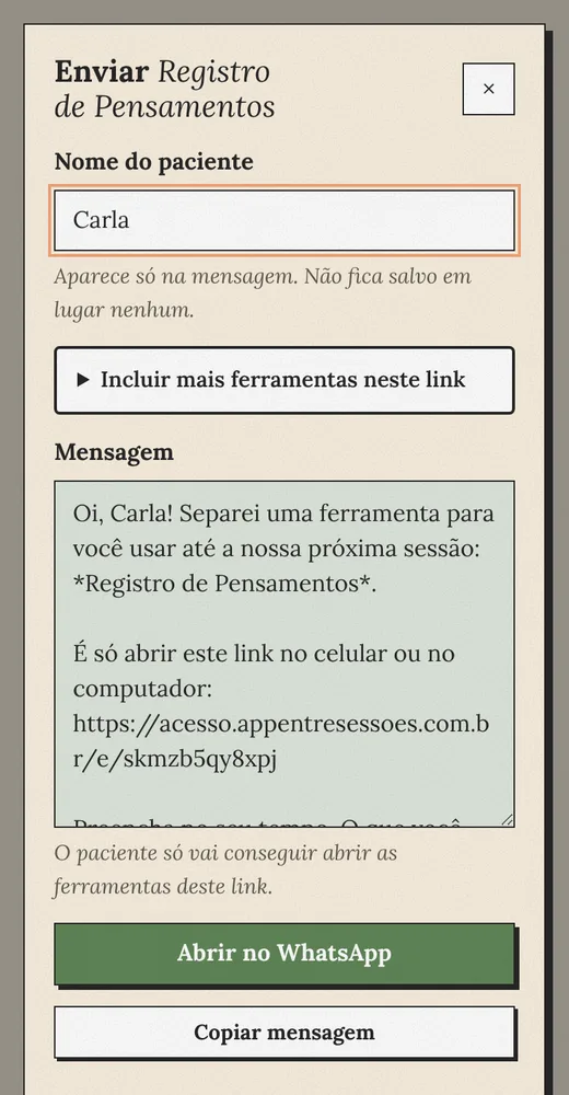 Painel do psicólogo enviando o Registro de Pensamentos pelo WhatsApp